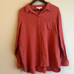 Anne Klein Jeans XL Gauze Button Down Shirt Dusty Rose Roll Tab Sleeve